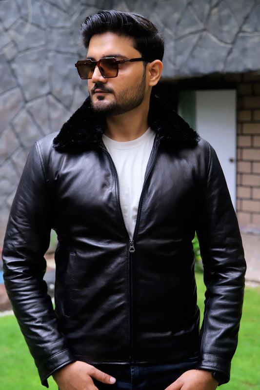 HAFIZABAD JACKET Men's Leather Jacket With Fur Collar (Removeable), Biker Leather Jacket For, Formal & Casual Leather Jacket For Men- Black