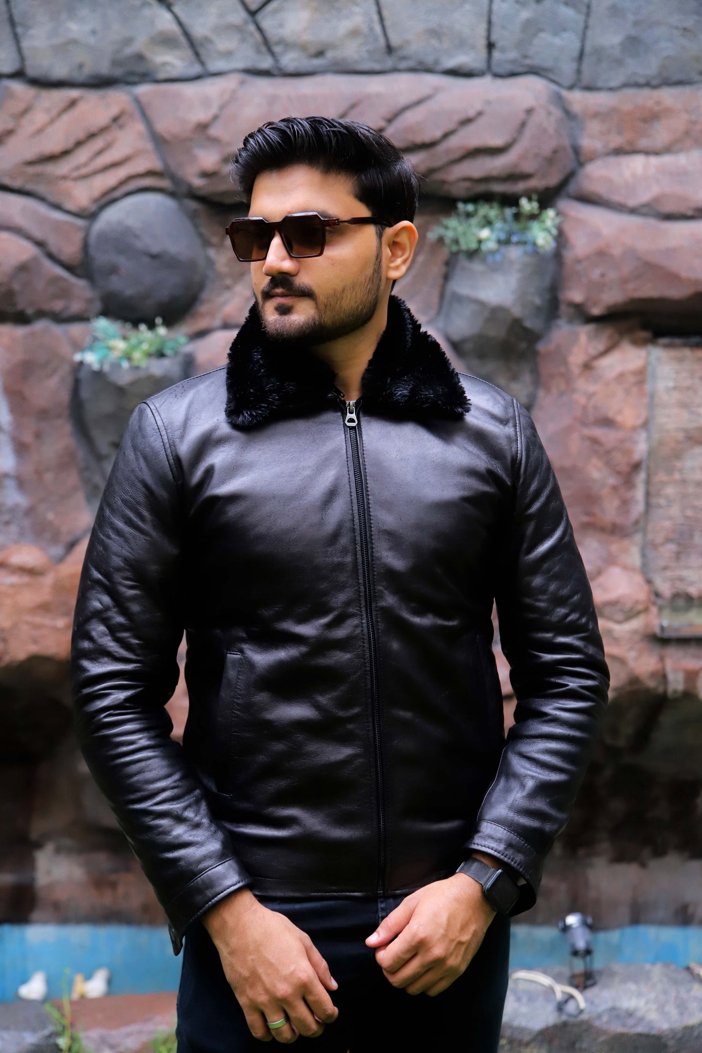 HAFIZABAD JACKET Men's Leather Jacket With Fur Collar (Removeable), Biker Leather Jacket For, Formal & Casual Leather Jacket For Men- Black