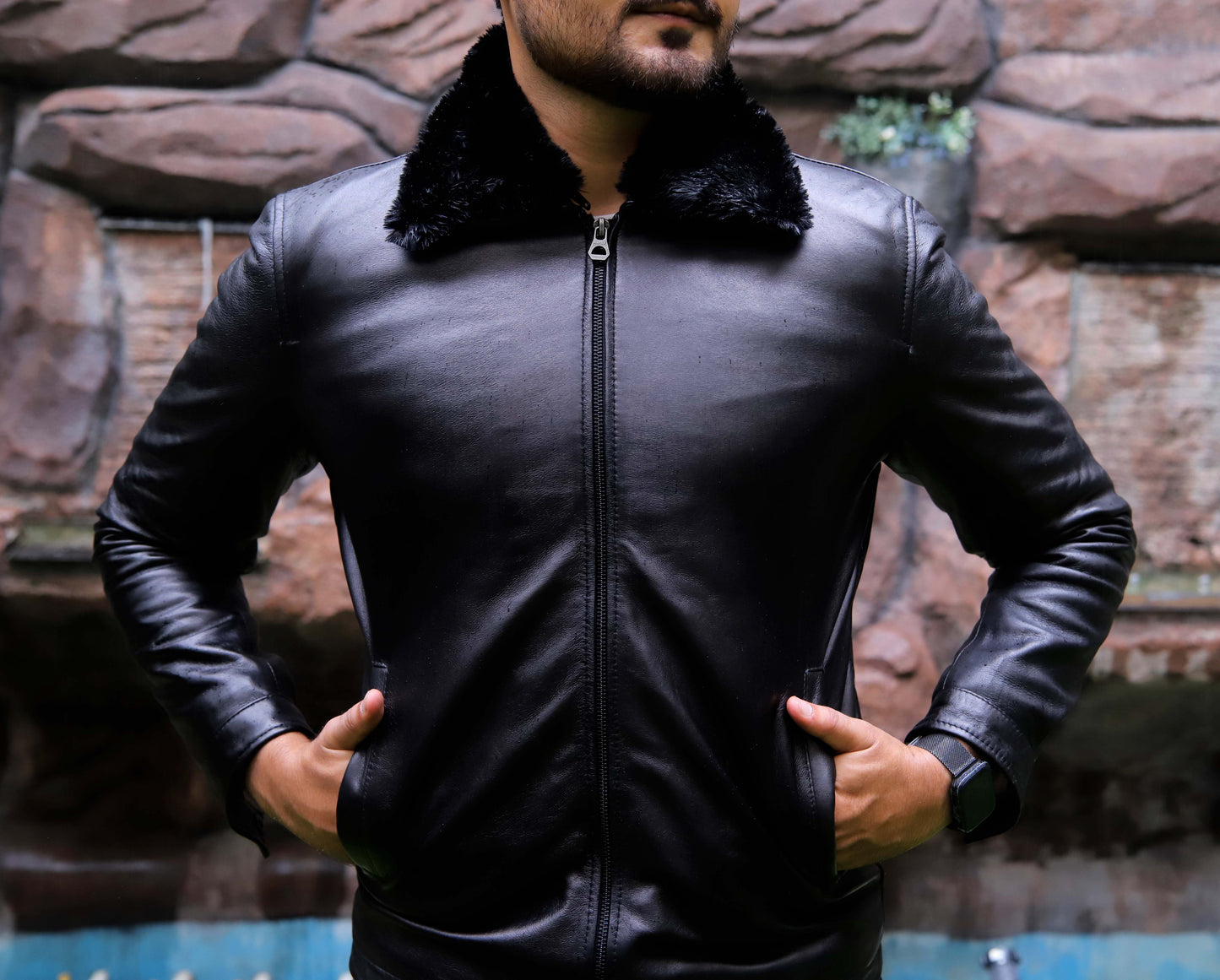 HAFIZABAD JACKET Men's Leather Jacket With Fur Collar (Removeable), Biker Leather Jacket For, Formal & Casual Leather Jacket For Men- Black