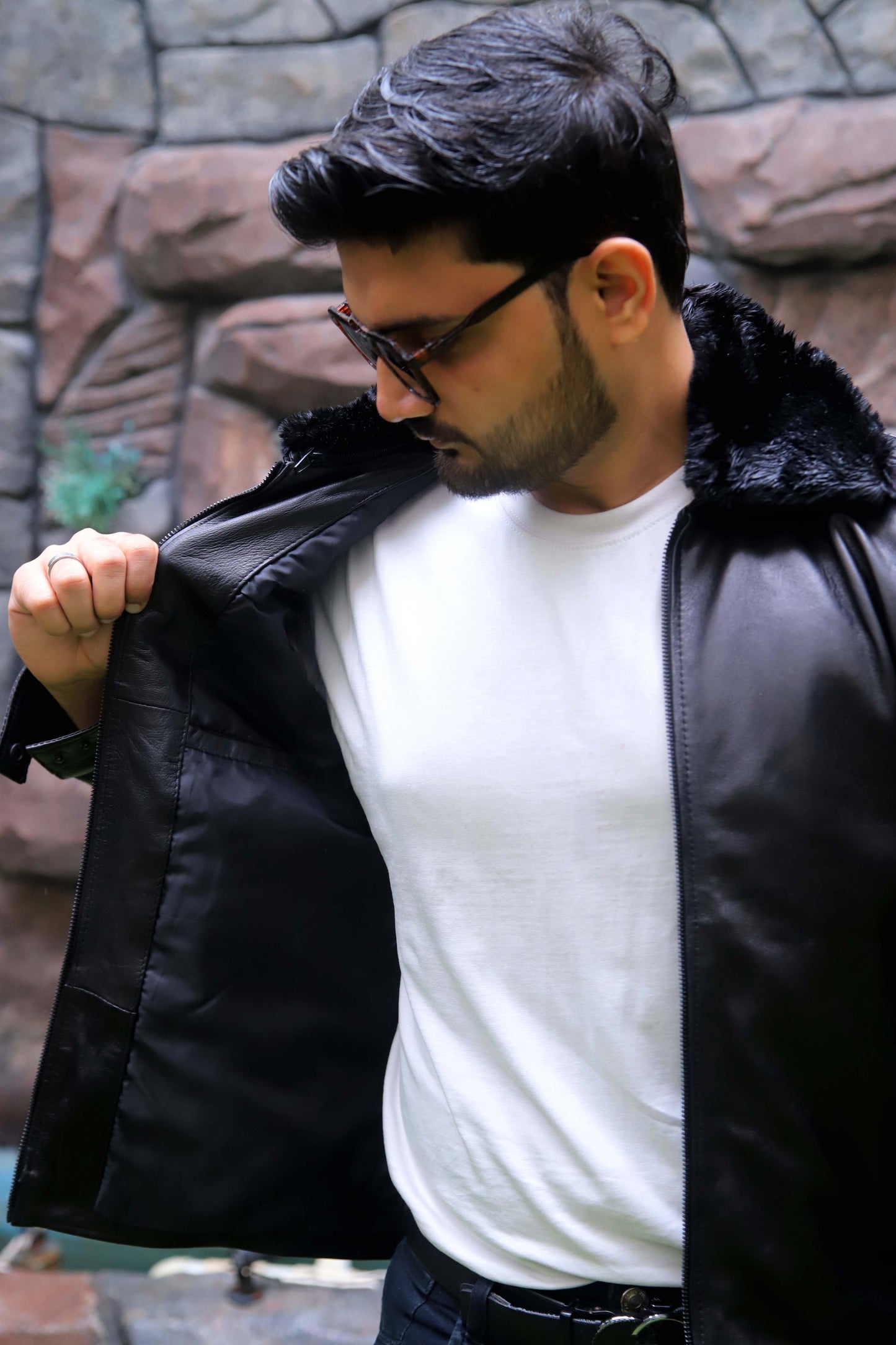 HAFIZABAD JACKET Men's Leather Jacket With Fur Collar (Removeable), Biker Leather Jacket For, Formal & Casual Leather Jacket For Men- Black