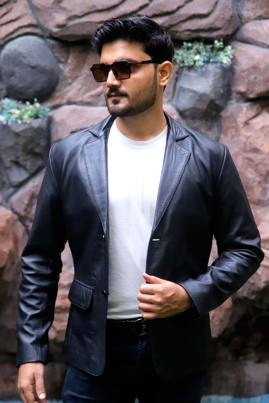 CHINIOT JACKET Men's Black Leather Blazer, Formal Leather Blazer For Men- Black