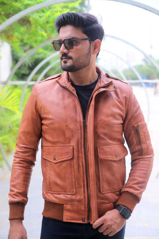 JHELUM JACKET Men's A2 Aviator Bomber Leather Jacket For, Men's Leather Jacket-  Distressed Tan