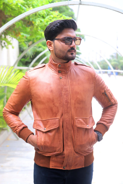 JHELUM JACKET Men's A2 Aviator Bomber Leather Jacket For, Men's Leather Jacket-  Distressed Tan