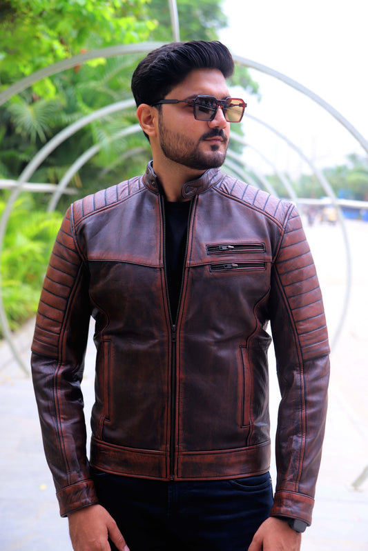 KAMOKE JACKET Men's Distressed Biker Leather Jacket, Vintage Motorcycle Jacket For Men- Vintage Tan