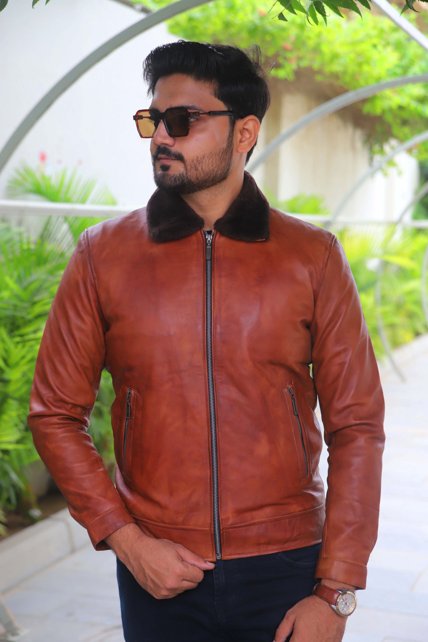 KHANIWAL JACKET Men's Leather Jacket With Fur Collar, Motorcycle Leather Jacket For Men, Casual Street Wear Leather Jacket- Distressed Tan