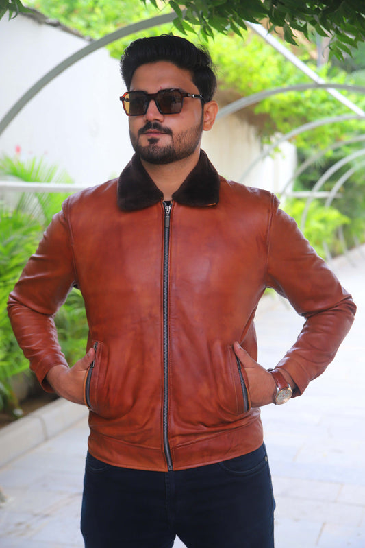 KHANIWAL JACKET Men's Leather Jacket With Fur Collar, Motorcycle Leather Jacket For Men, Casual Street Wear Leather Jacket- Distressed Tan