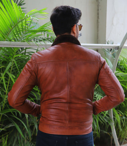 KHANIWAL JACKET Men's Leather Jacket With Fur Collar, Motorcycle Leather Jacket For Men, Casual Street Wear Leather Jacket- Distressed Tan