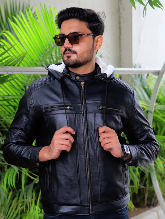 KOHAT JACKET Men's Leather Jacket With Fur Inner & (Removeable Hood), Biker Hooded Leather Jacket For Men- Jet Black