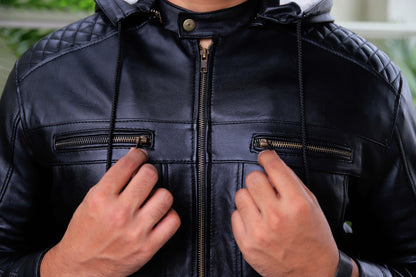 KOHAT JACKET Men's Leather Jacket With Fur Inner & (Removeable Hood), Biker Hooded Leather Jacket For Men- Jet Black