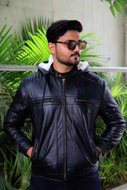 KOHAT JACKET Men's Leather Jacket With Fur Inner & (Removeable Hood), Biker Hooded Leather Jacket For Men- Jet Black