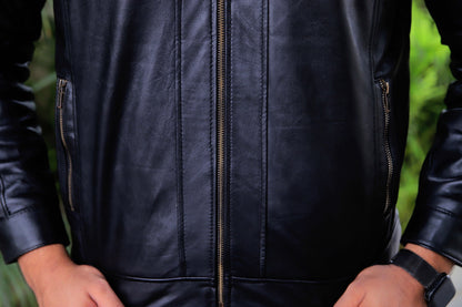 KOHAT JACKET Men's Leather Jacket With Fur Inner & (Removeable Hood), Biker Hooded Leather Jacket For Men- Jet Black