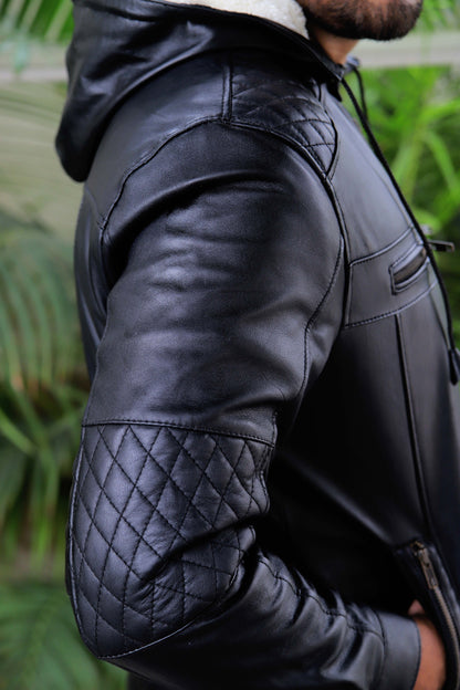 KOHAT JACKET Men's Leather Jacket With Fur Inner & (Removeable Hood), Biker Hooded Leather Jacket For Men- Jet Black