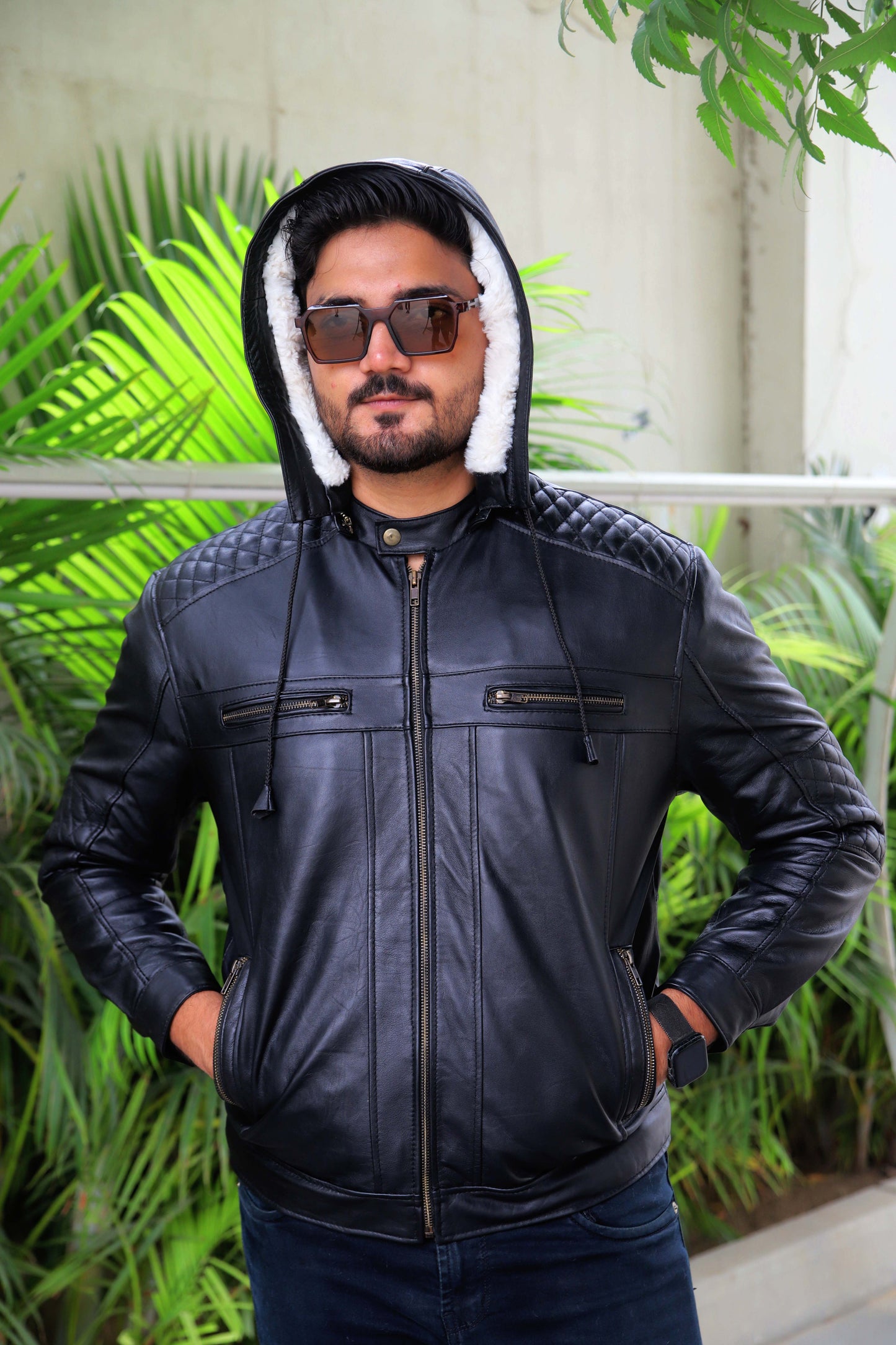 KOHAT JACKET Men's Leather Jacket With Fur Inner & (Removeable Hood), Biker Hooded Leather Jacket For Men- Jet Black