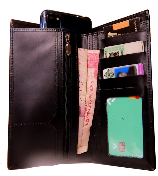 KARACHI WALLET Versatile Leather Long Wallet All Purpose Long Leather Wallet Jet Black