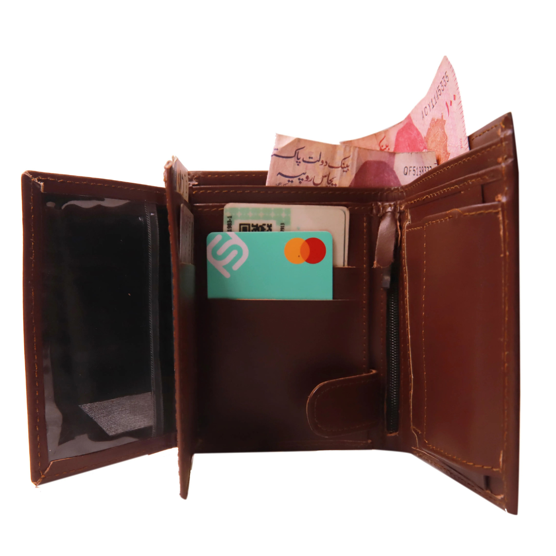 ISLAMABAD WALLET Compact Size Leather Wallet Modish Tri-Fold Leather Wallet Brown