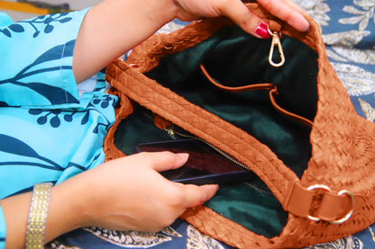 LAHORE BAG Handwoven Genuine Leather Ladies Tote Bag, Women's Hobo Bag And Shoulder Bag-Tan